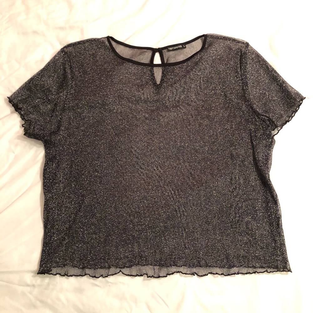 Sheer black & silver glitter top.